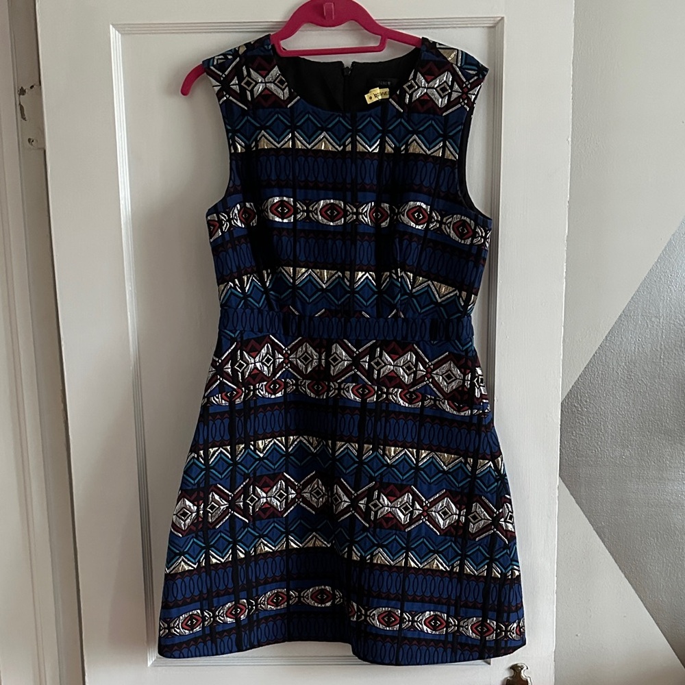 J. Crew Blue and silver Patterned Midi Dress